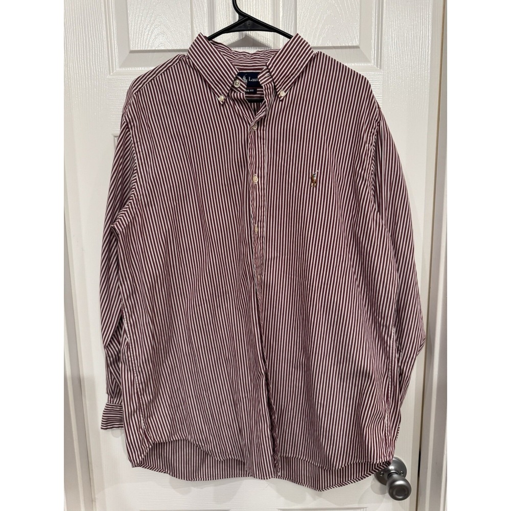 Ralph Lauren Dress Shirt Men 16 1/2 Large Burgundy Striped Classic Fit Button-Up